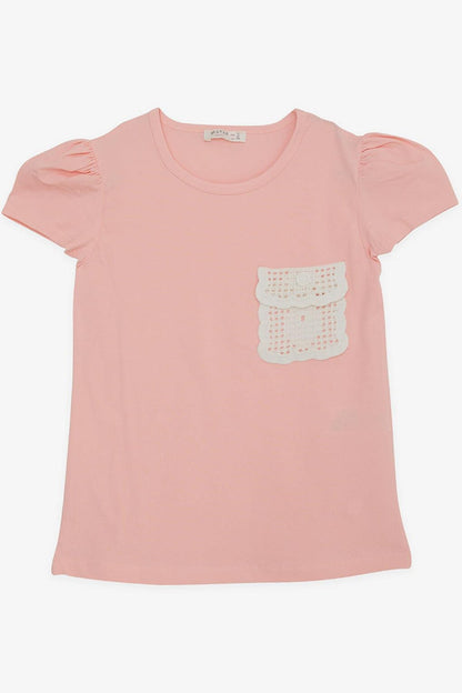 Girl's T-Shirt Pocket with Knitted Detail, Salmon (Ages 6-12)