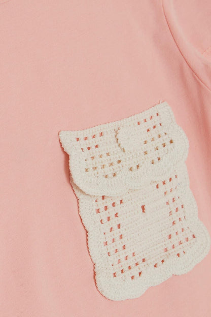 Girl's T-Shirt Pocket with Knitted Detail, Salmon (Ages 6-12)