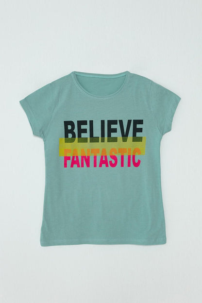 S Neck Text Printed Girls' T-Shirt