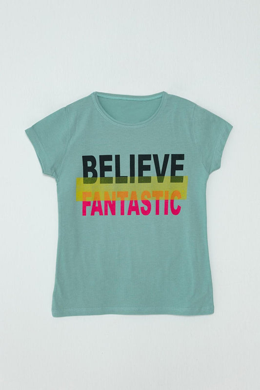 S Neck Text Printed Girls' T-Shirt