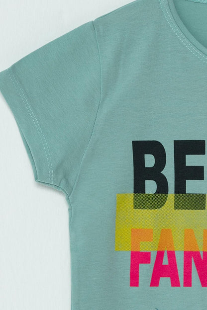 S Neck Text Printed Girls' T-Shirt