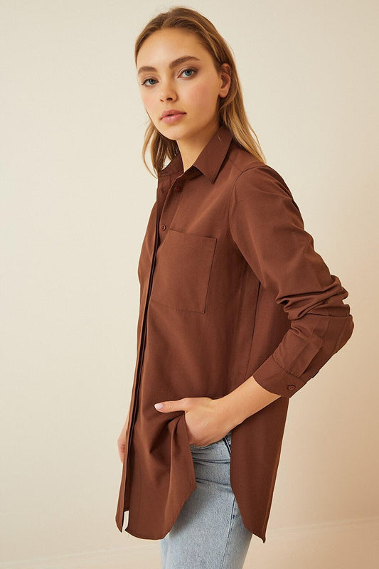 Women's Chocolate Slit Basic Long Sleeve Boyfriend Poplin Long Shirt HZL22W-BD138791