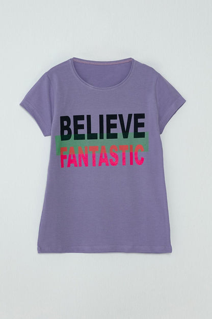 S Neck Text Printed Girls' T-Shirt