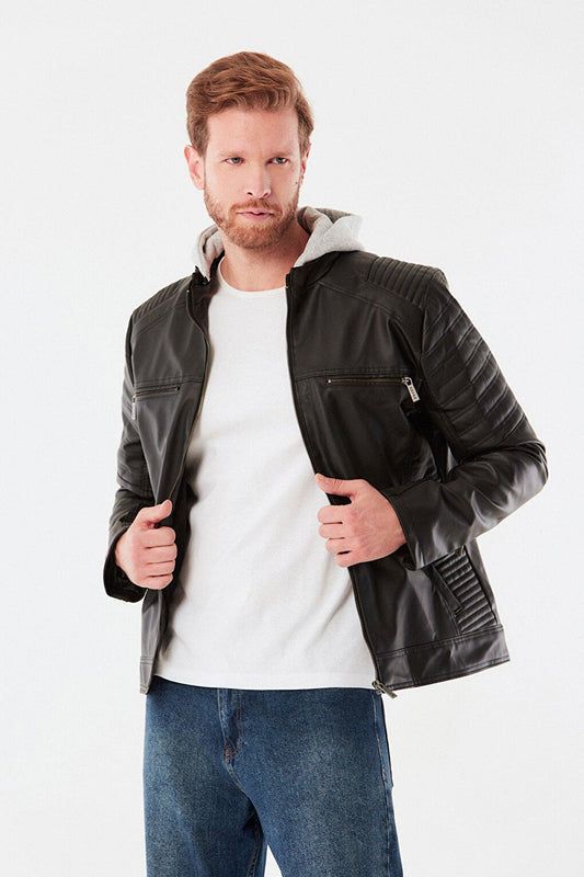 Removable Hooded Faux Leather Jacket