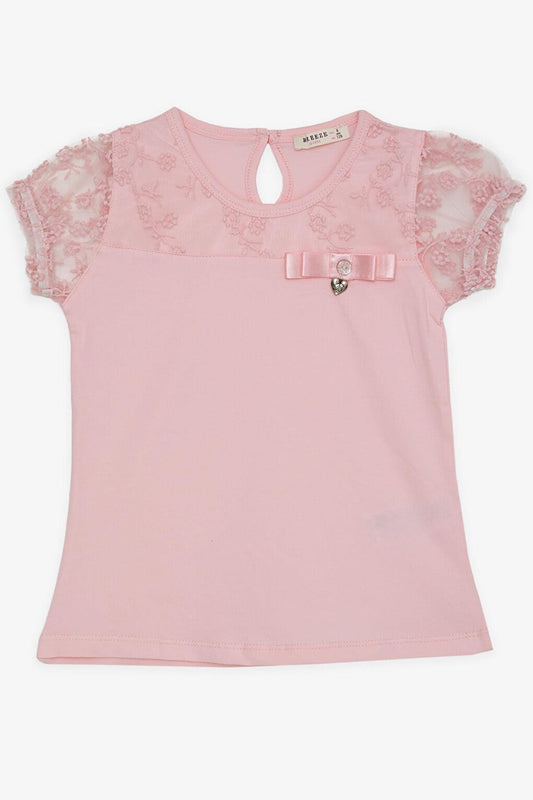 Girl's T-Shirt Pink with Embroidered Tulle and Elastic Sleeves (5-10 Years)