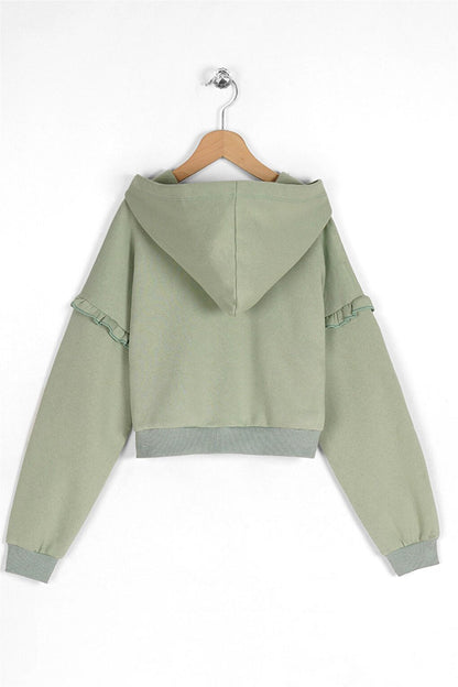 Girl's Çağla Green Colored Zippered Cardigan with Frilly Sleeves