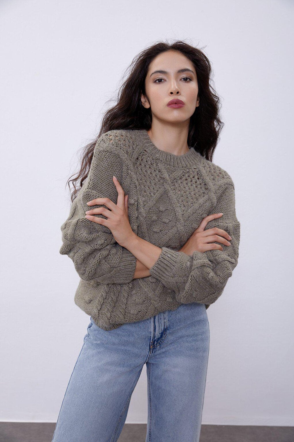 Khaki Pompom Detailed Knitwear Sweater SWK4293HK