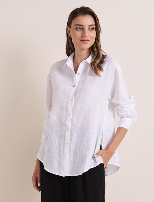 White Loose Cut Long Sleeve Linen Shirt