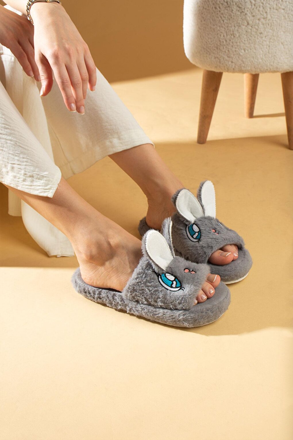 Cute Rabbit Open Front Fur Inside Thermal Sole Women's House Slippers P01-19-23Open