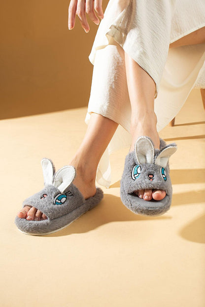 Cute Rabbit Open Front Fur Inside Thermal Sole Women's House Slippers P01-19-23Open