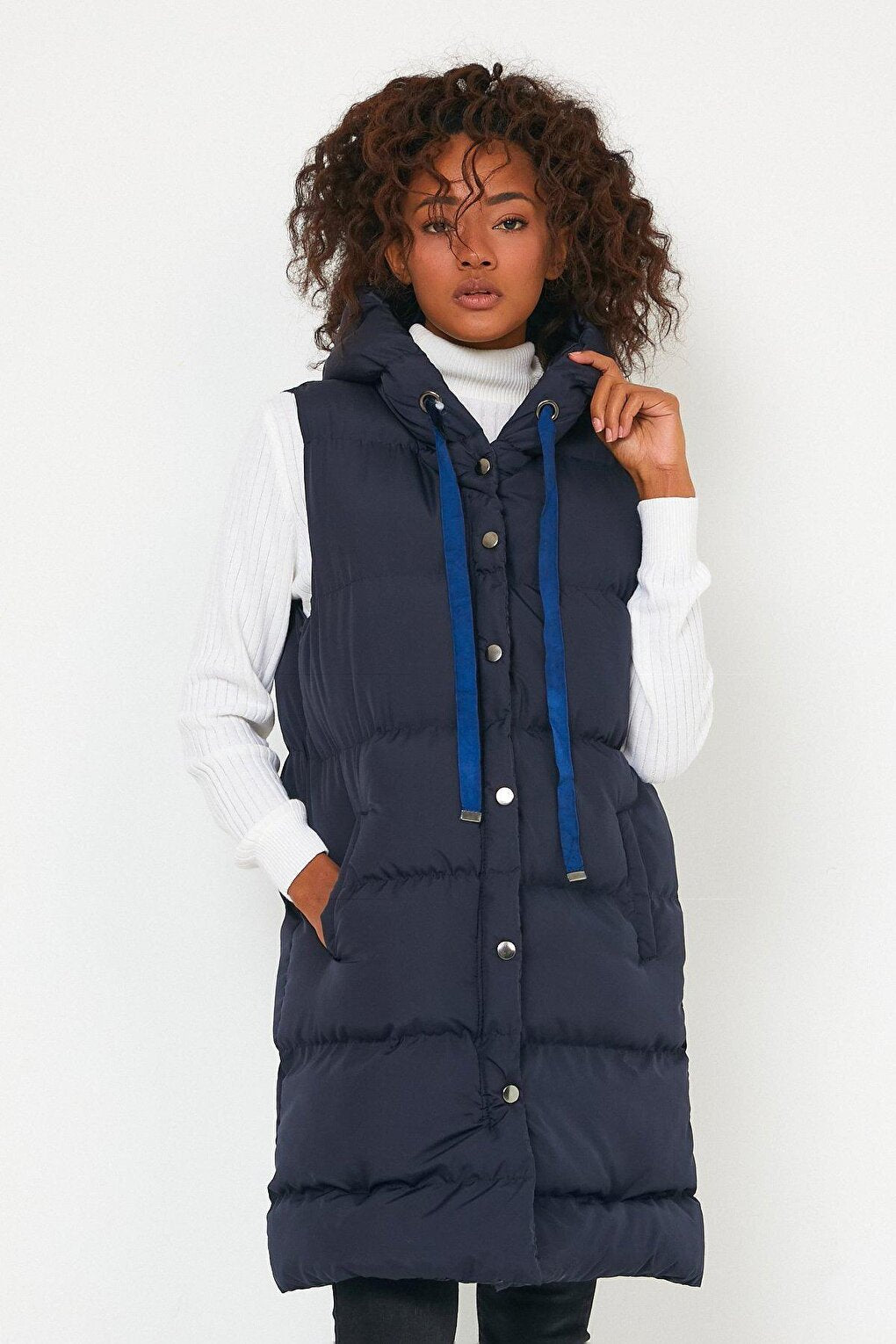 Hooded Long Down Vest with Pockets AC-K59138LNW