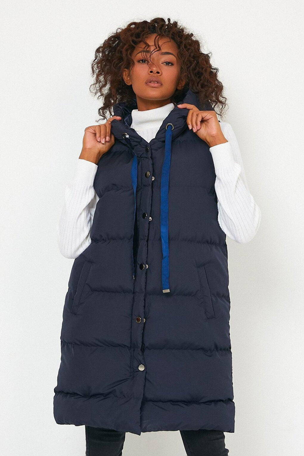 Hooded Long Down Vest with Pockets AC-K59138LNW