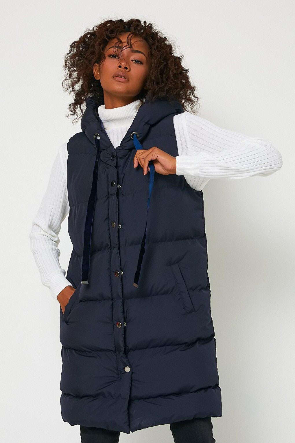 Hooded Long Down Vest with Pockets AC-K59138LNW