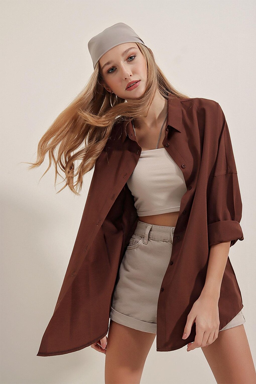 Oversize Long Basic Shirt - Brown