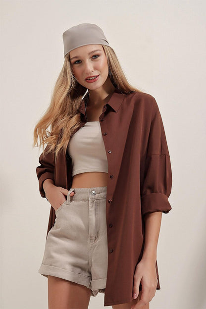 Oversize Long Basic Shirt - Brown