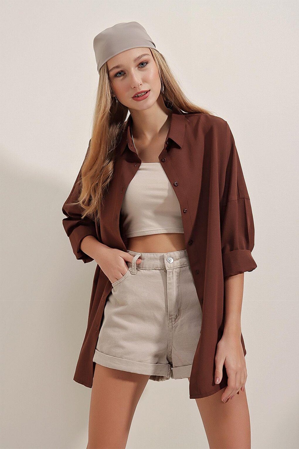 Oversize Long Basic Shirt - Brown