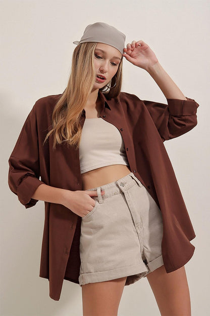 Oversize Long Basic Shirt - Brown