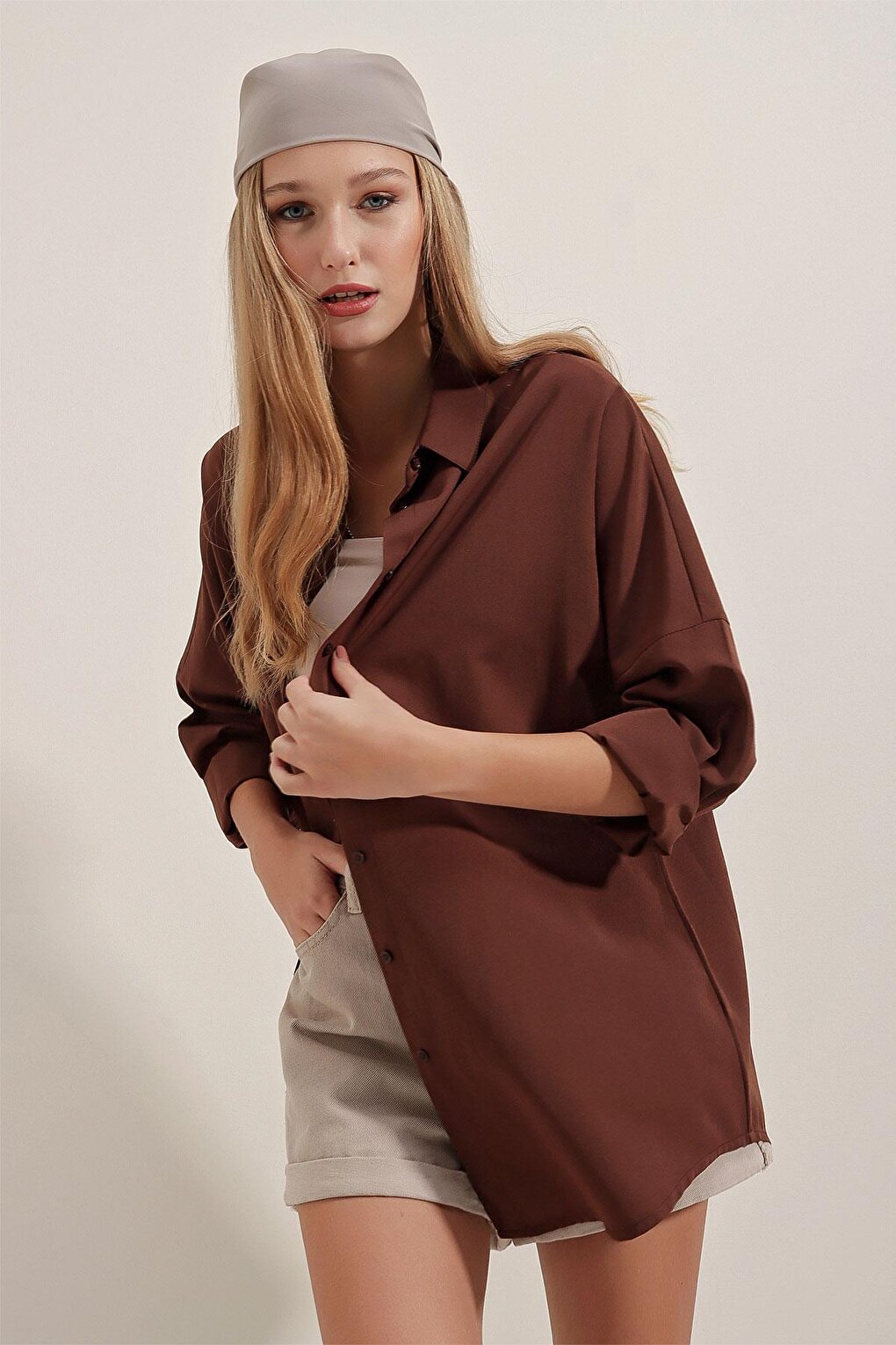 Oversize Long Basic Shirt - Brown