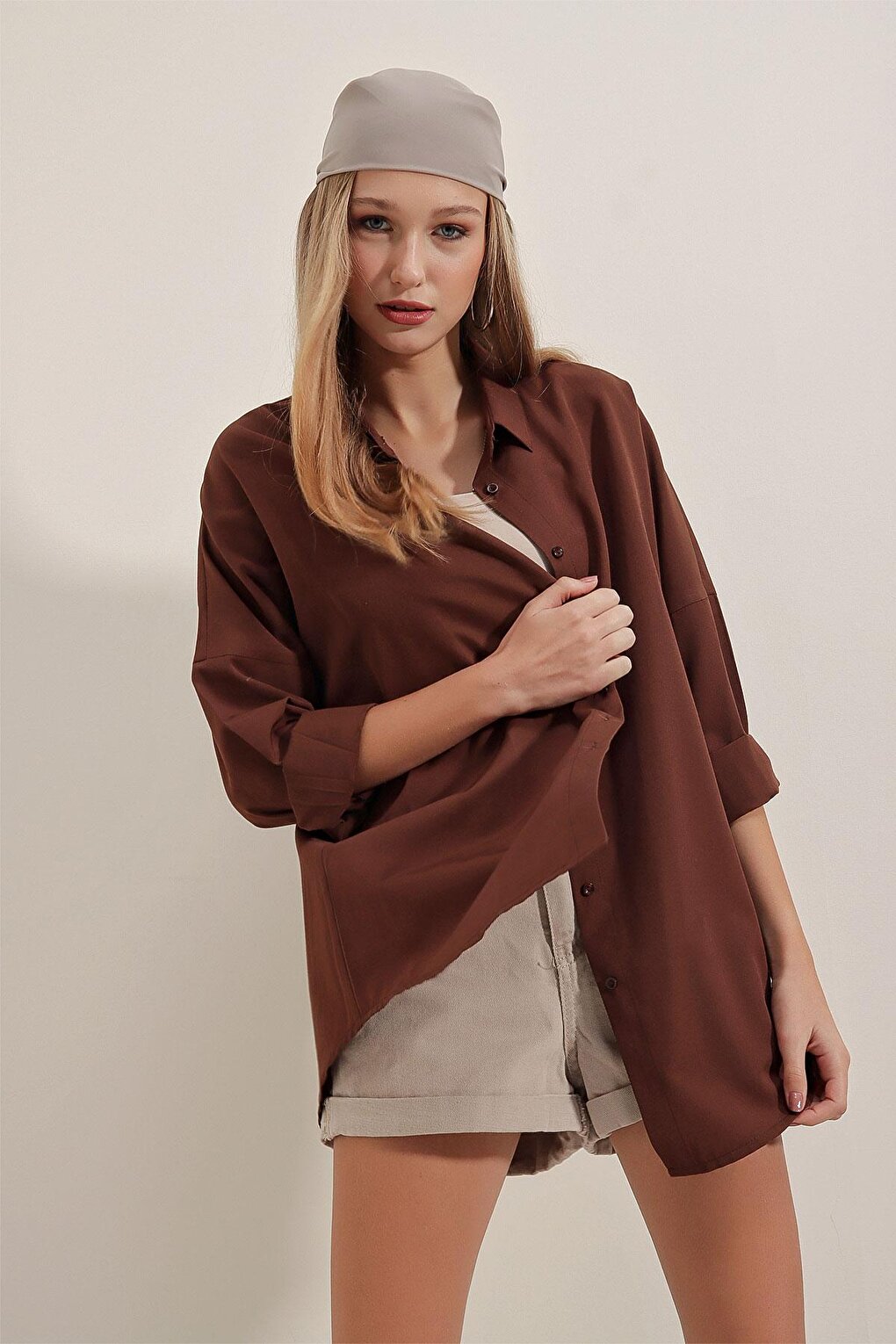 Oversize Long Basic Shirt - Brown