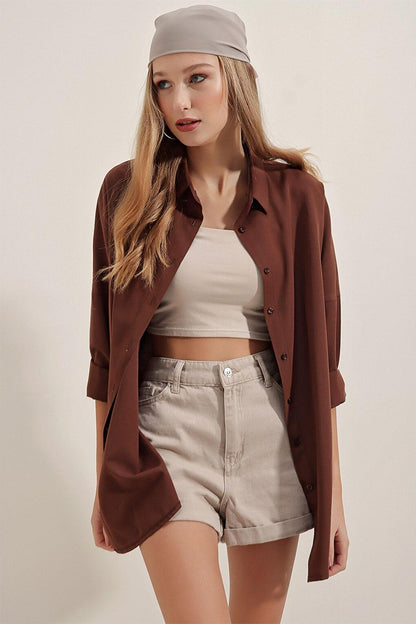 Oversize Long Basic Shirt - Brown