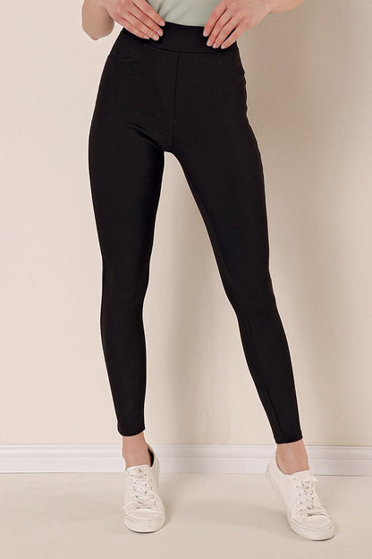 Women's Black Pocket Detailed Steel Knitted Leggings Trousers