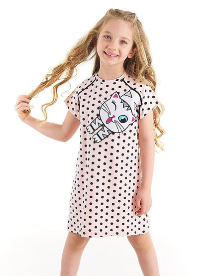 White Cat Girl Polka Dot Pink Dress