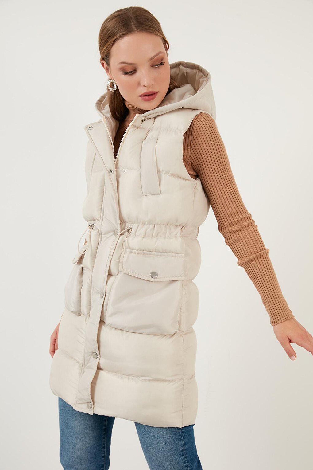 Drawstring Hooded Long Puffer Vest 6474014