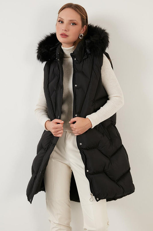 Modest Faux Fur Collar Removable Hooded Regular Fit Puffer Vest 64789823