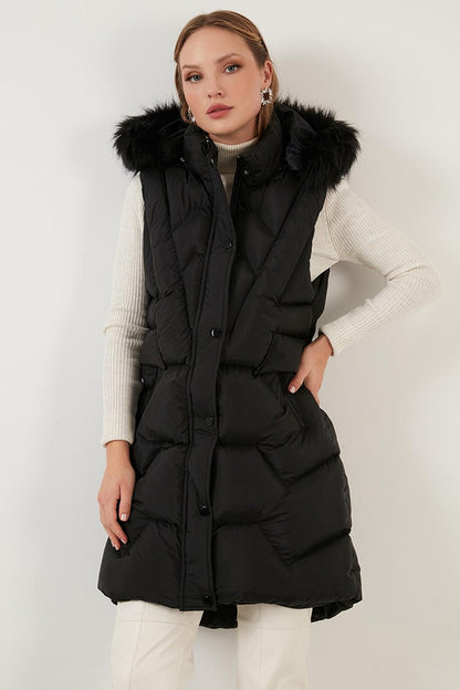 Modest Faux Fur Collar Removable Hooded Regular Fit Puffer Vest 64789823