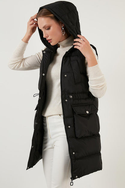 Drawstring Hooded Long Puffer Vest 6474014