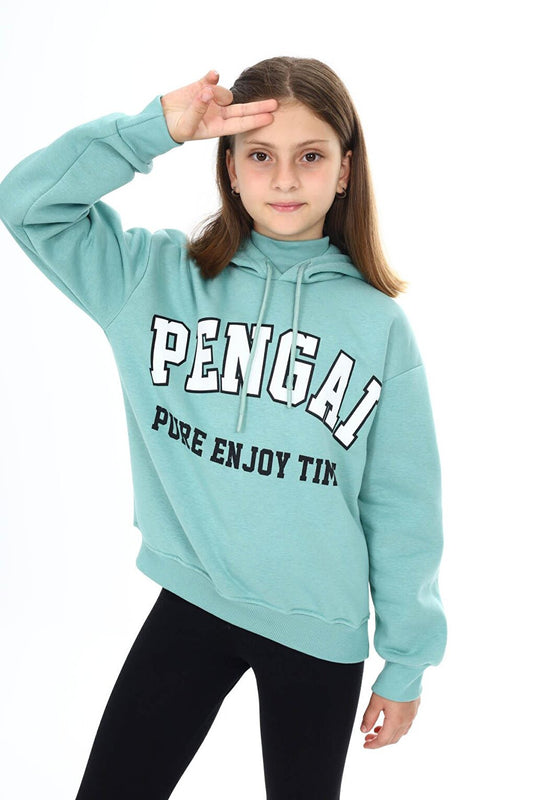 Green Pengai Text Print Fleece Girl's Sweatshirt 16465