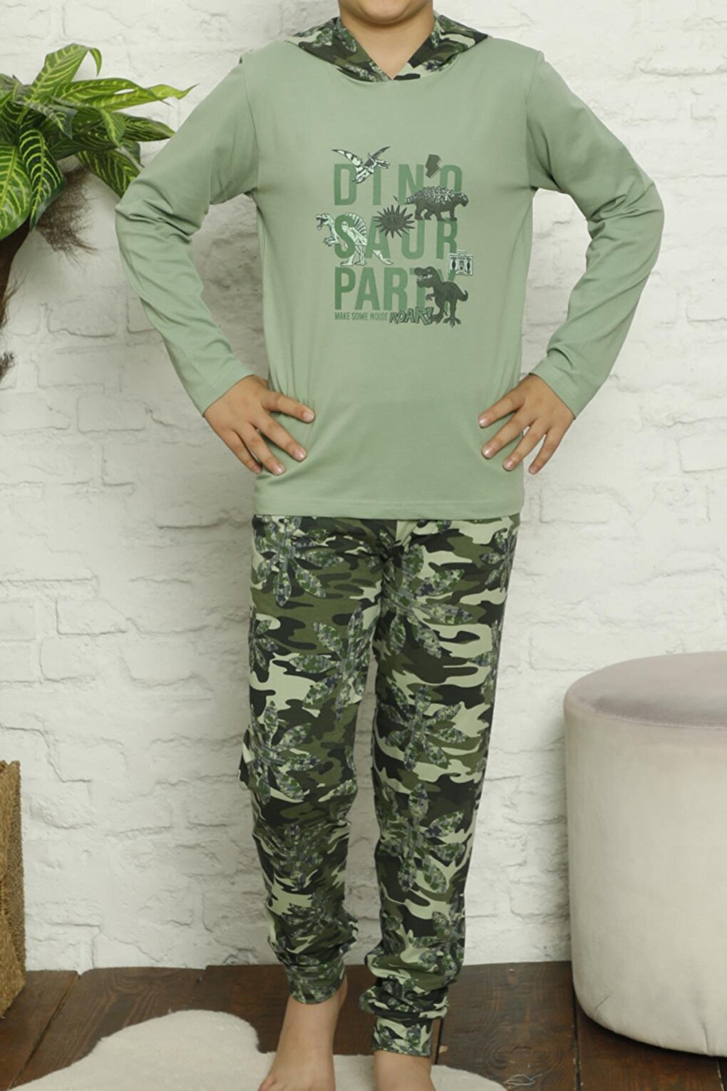 Boy's Pajama Set Long Sleeve Cotton Lycra Hooded Camouflage