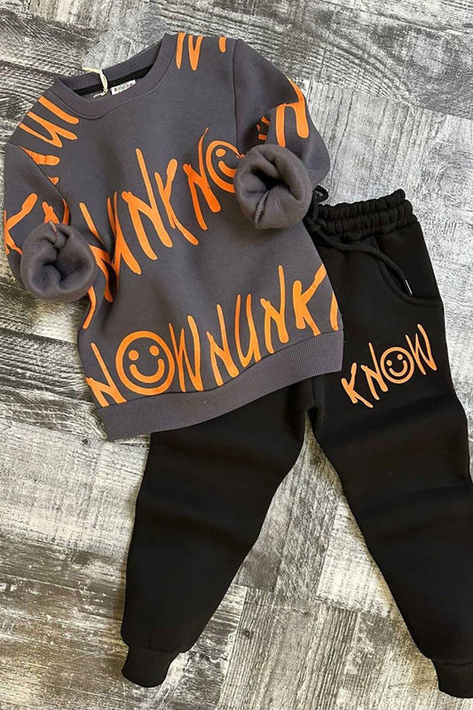 Boy's Text Printed 3 Thread Raised Smoked Tracksuit