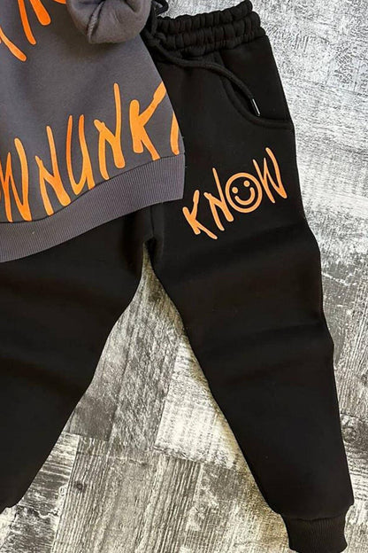 Boy's Text Printed 3 Thread Raised Smoked Tracksuit