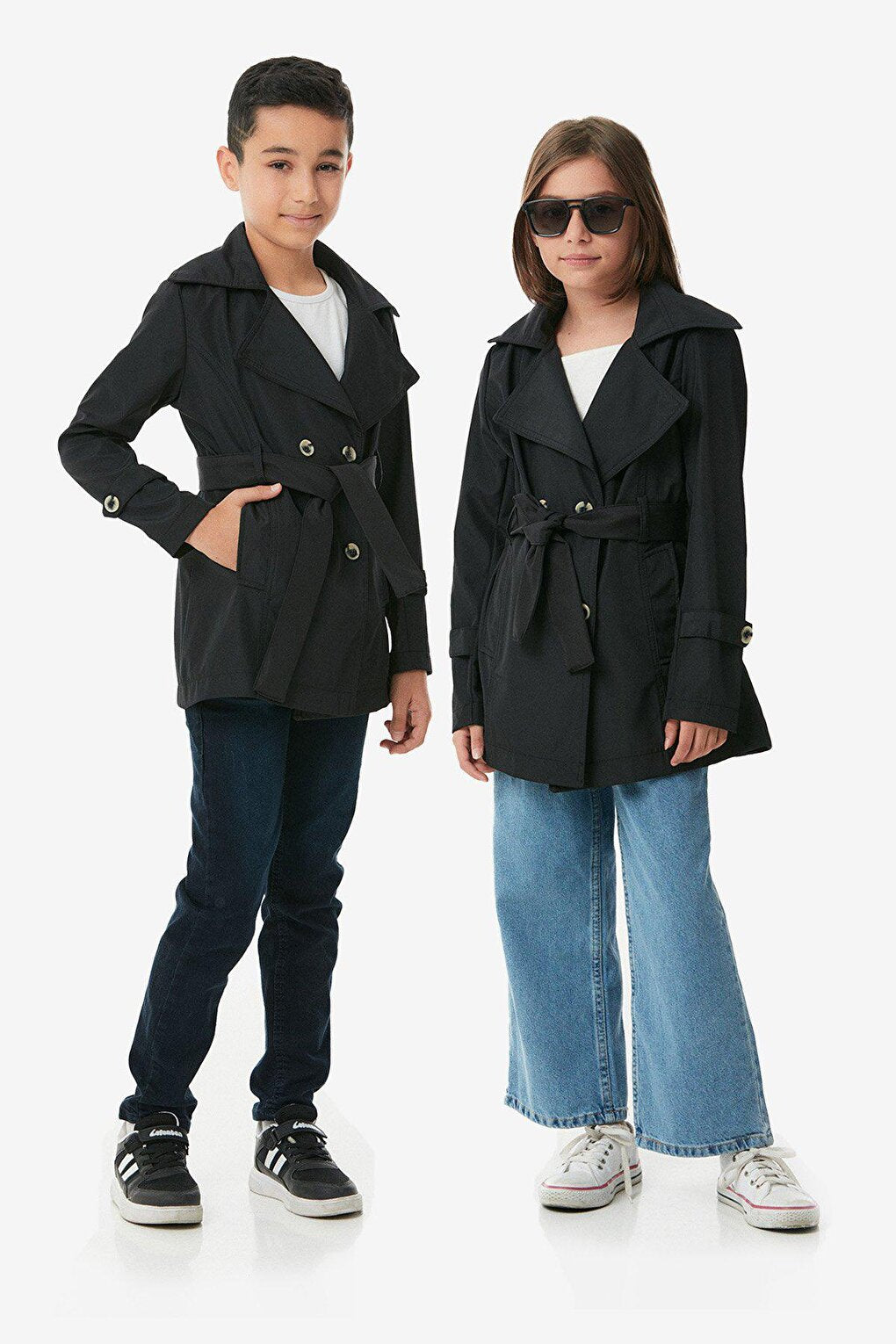 Double Breasted Collar Belted Unisex Children's Trench Coat