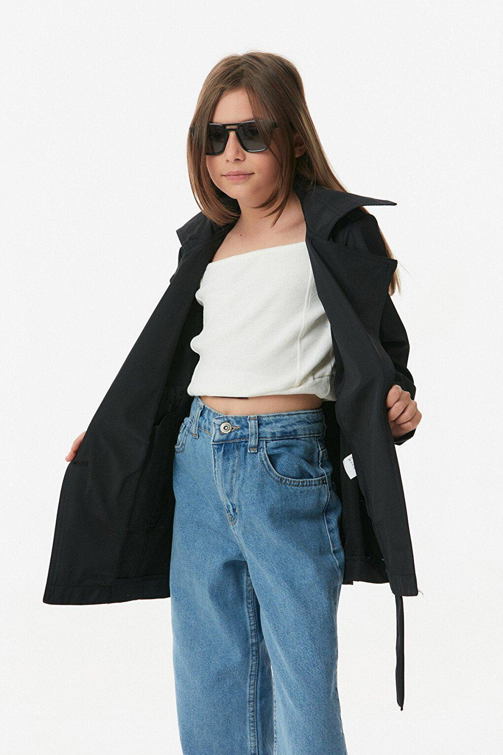 Double Breasted Collar Belted Unisex Children's Trench Coat