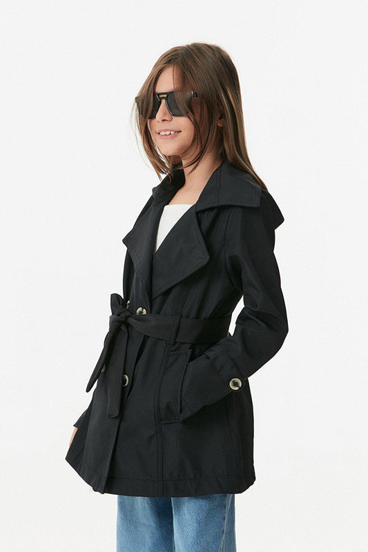 Double Breasted Collar Belted Unisex Children's Trench Coat