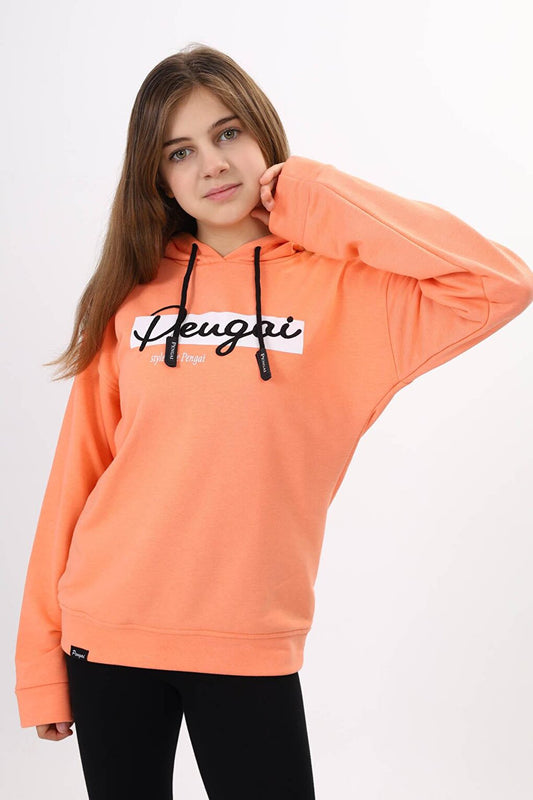 Salmon Text Embroidered Hooded Girl's Sweatshirt 16444