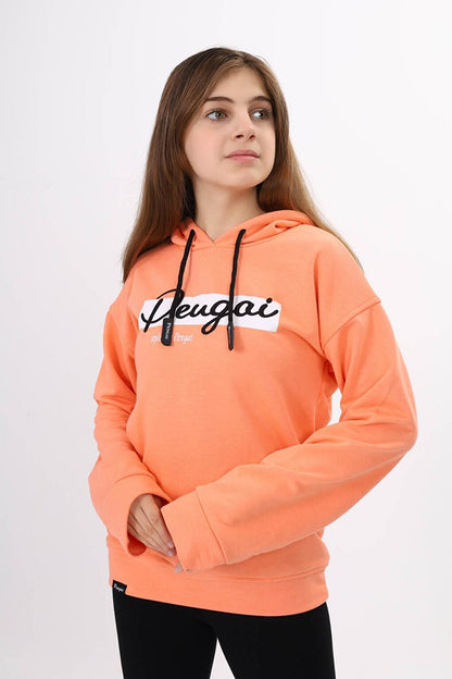 Salmon Text Embroidered Hooded Girl's Sweatshirt 16444