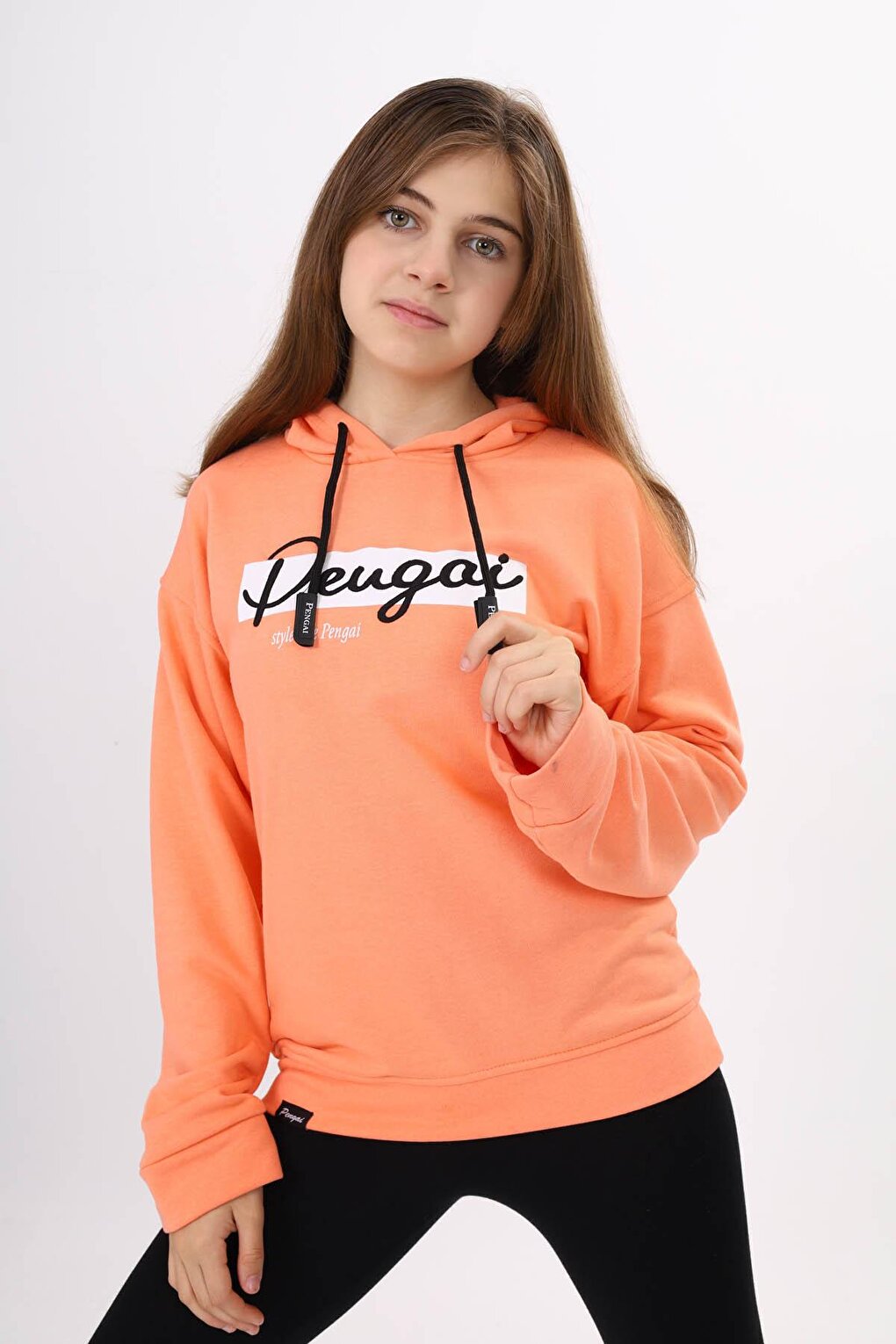 Salmon Text Embroidered Hooded Girl's Sweatshirt 16444