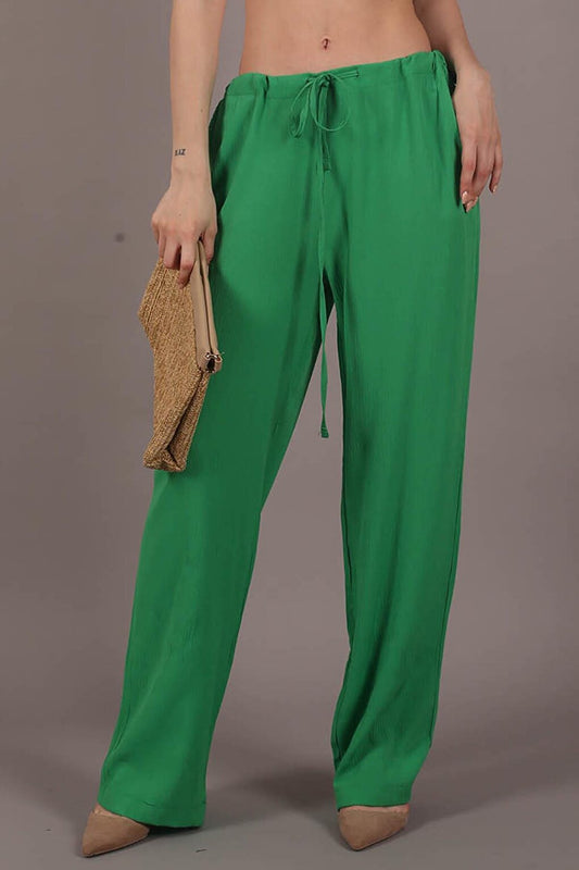 Green Crinkle Fabric Basic Women's Beach Trousers MG1778