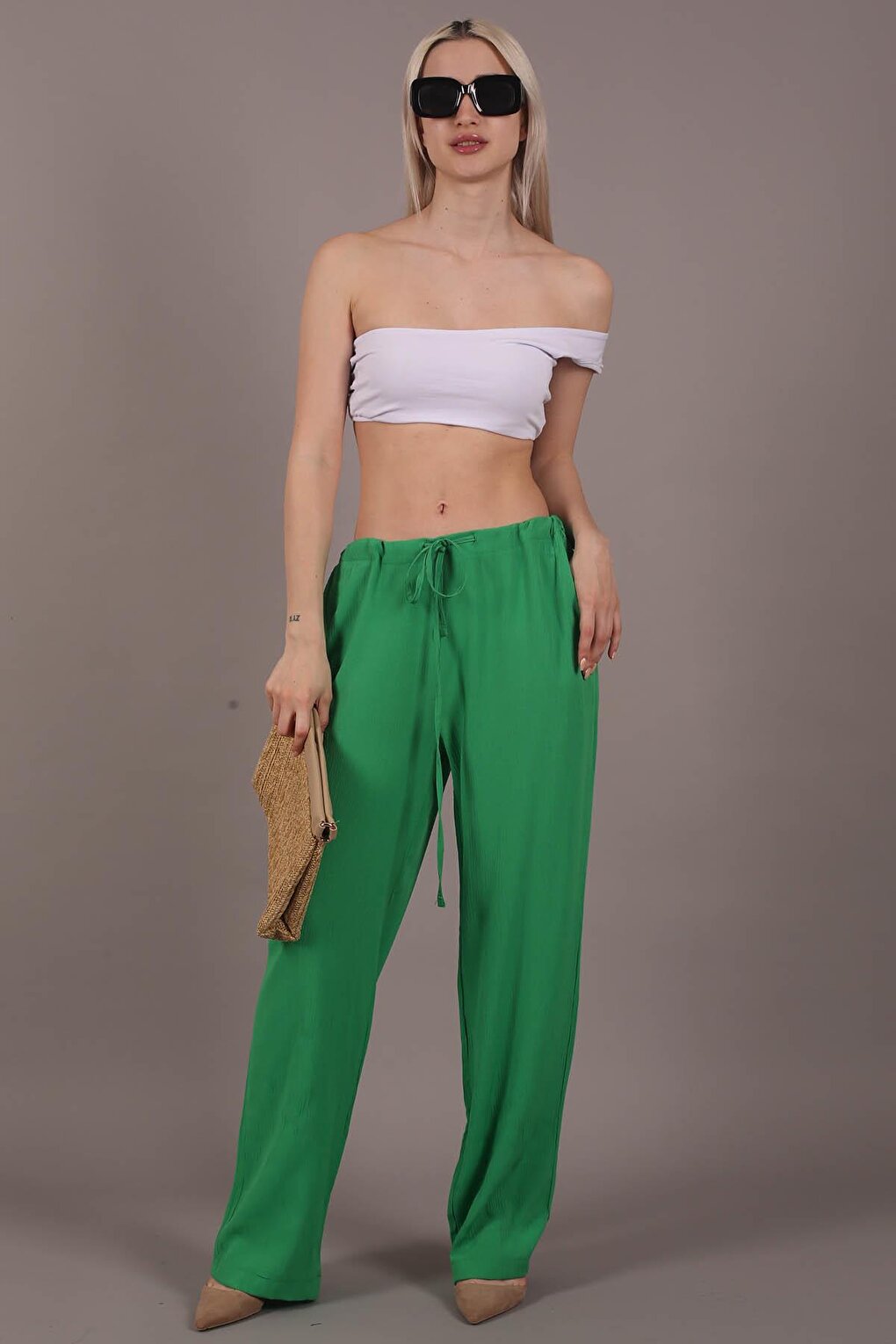 Green Crinkle Fabric Basic Women's Beach Trousers MG1778