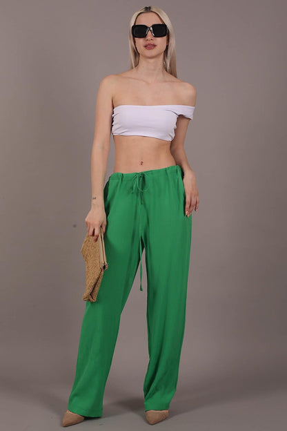 Green Crinkle Fabric Basic Women's Beach Trousers MG1778