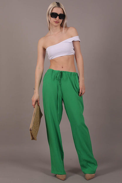 Green Crinkle Fabric Basic Women's Beach Trousers MG1778