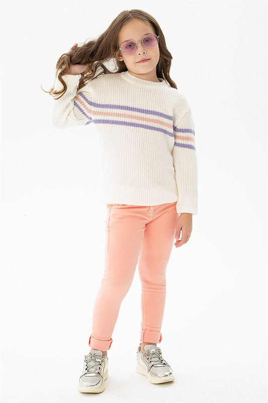 Girl's Ecru Colored Striped Front Knitwear Sweater