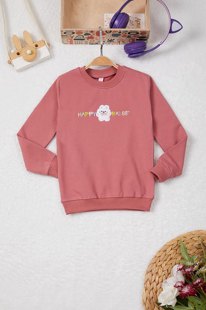 Dark Pink Rabbit Embroidered Lettering Girl's Sweatshirt 16944