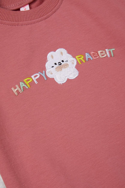 Dark Pink Rabbit Embroidered Lettering Girl's Sweatshirt 16944