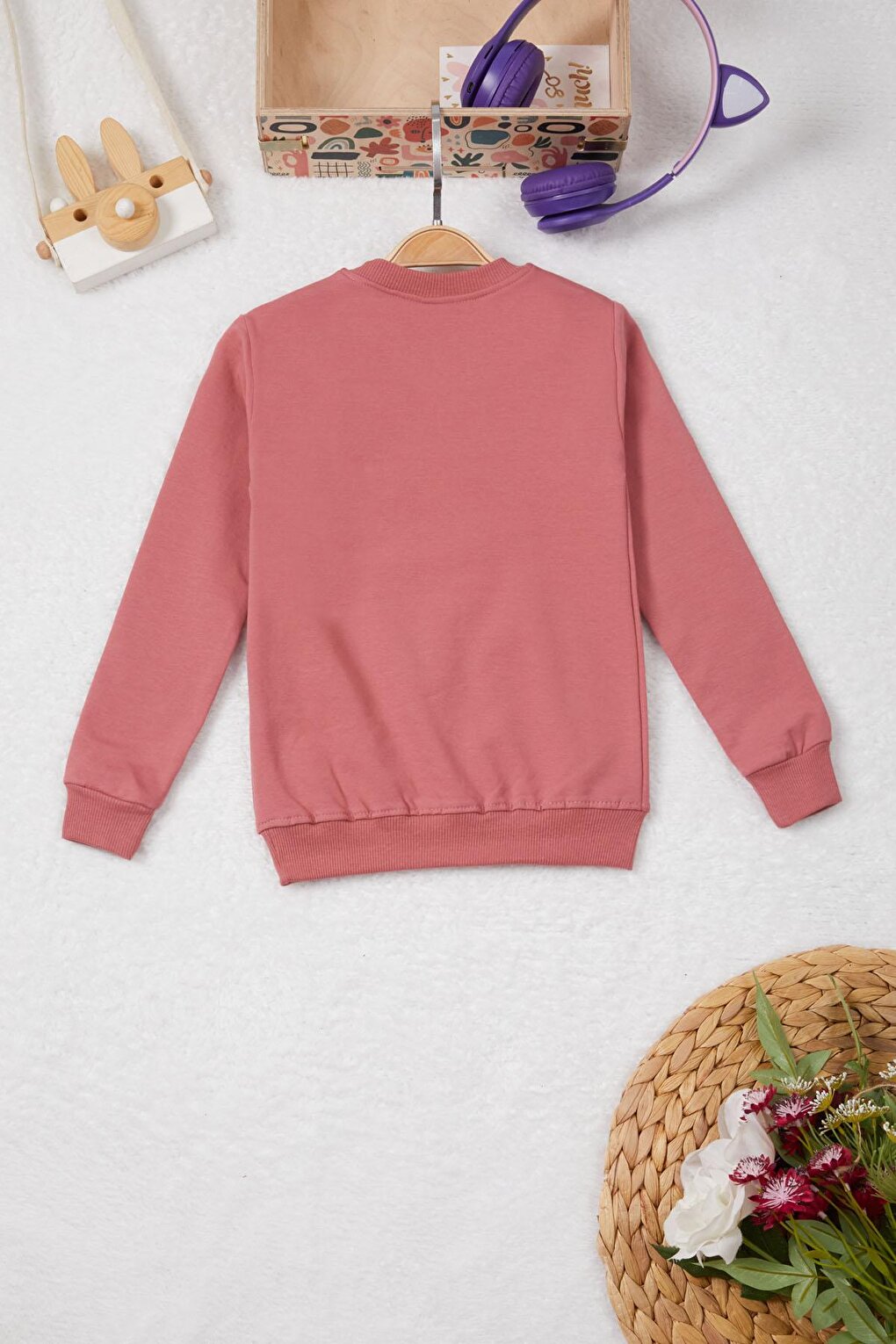 Dark Pink Rabbit Embroidered Lettering Girl's Sweatshirt 16944