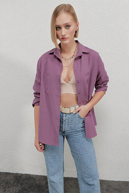 Women's Dark Lilac Oversize Long Basic Shirt HZL22W-BD139001