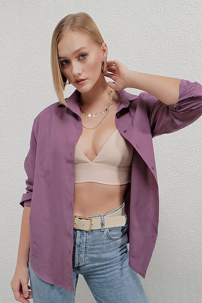 Women's Dark Lilac Oversize Long Basic Shirt HZL22W-BD139001